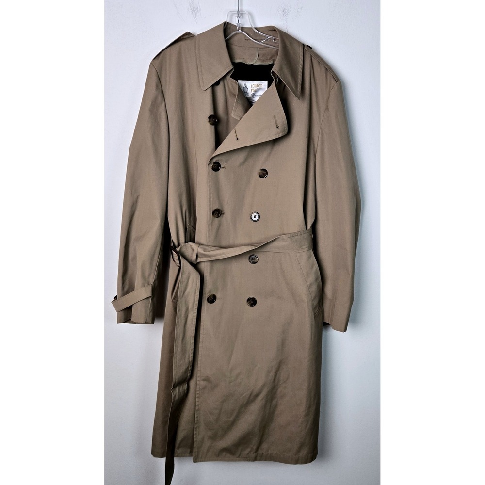 London Fog Maincoats Men Double Breasted Tan Trench Coat Weatherwear Size 42 REG